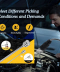 360 Degree Flexible Magnetic Flashlight And Telescoping Magnetic Pickup Tool Kit displayed with inspection mirror in car engine bay