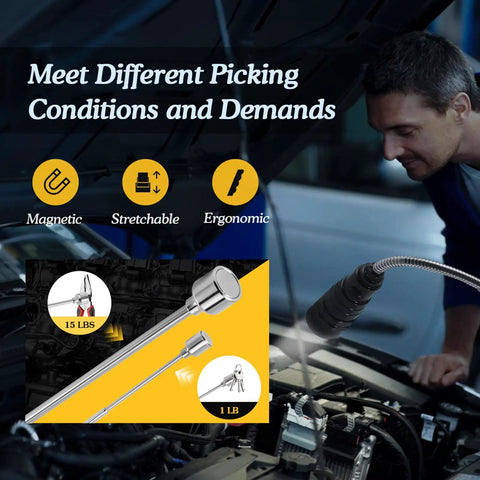 360 Degree Flexible Magnetic Flashlight And Telescoping Magnetic Pickup Tool Kit displayed with inspection mirror in car engine bay