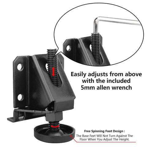 Heavy Duty Furniture Leveling Feet Set Of Four With Lock Nuts Adjustable Table Leg Levelers shown with allen wrench adjustment