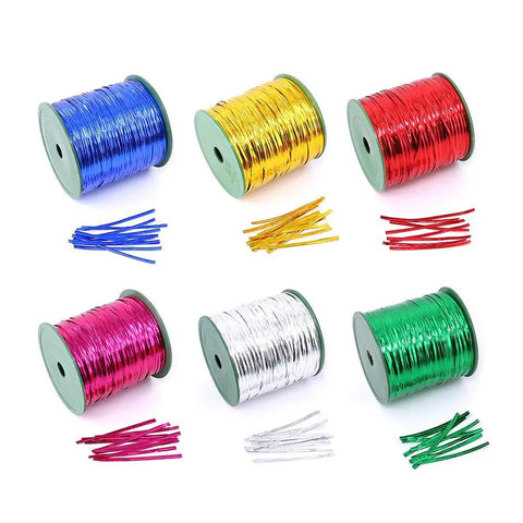 Spools of colorful metallic twist ties including silver for bread bags, candy party decor, 350 yard pack, with pink scissors not pictured.