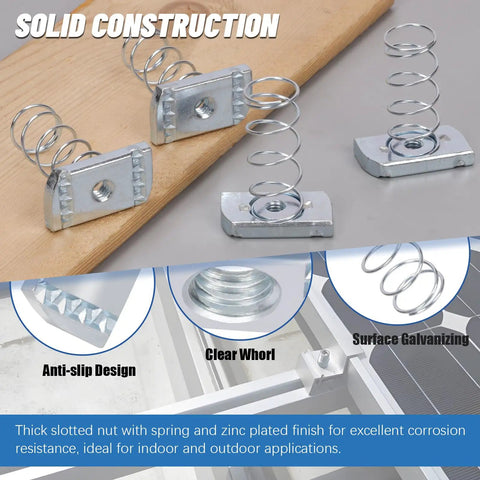 16 Piece Spring Strut Channel Nut Kit With One Quarter Five Sixteenth Three Eighth And Half Inch Threads For Solar Panel Mounting, showing nuts with springs and anti-slip design.