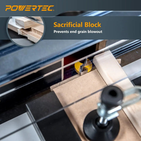 Deluxe Pro Grade Router Table Fence System With 24-Inch Rail and 3-3/8-Inch Tall Fence showing sacrificial block use