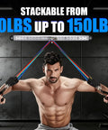Man using Wall Hook Resistance Band Mount System For Home Gyms, stackable from 10lbs to 150lbs, for strength training.