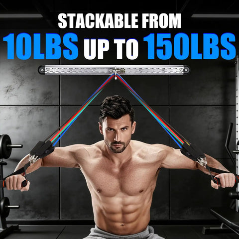 Man using Wall Hook Resistance Band Mount System For Home Gyms, stackable from 10lbs to 150lbs, for strength training.