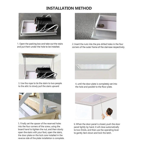 Installation steps for Heavy Duty Electric Attic Ladder Built With Legit Carbon Steel Construction Featuring No Sweat Remote Control Operation.