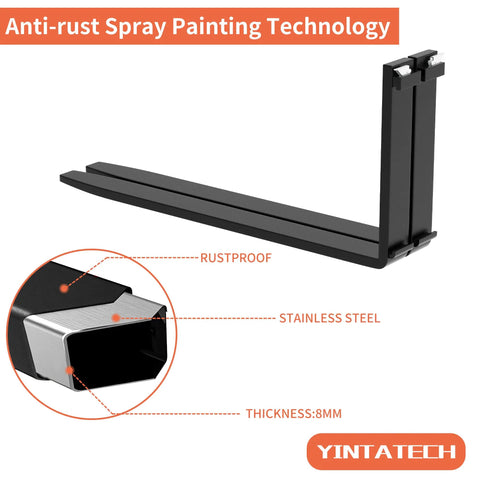 Heavy Duty 4000 Lb Skid Steer Pallet Forks 48 Inch Forklift Blades with anti-rust technology and dimensions detail