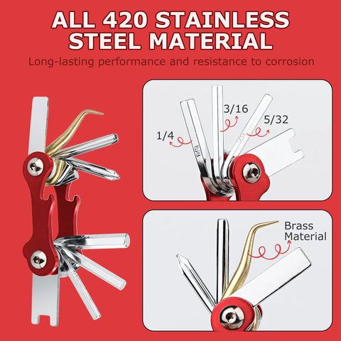 All In One Diving Tool For Scuba Gear, 8 In 1 Folding Stainless Steel Multi Tool showing hex wrenches and brass pick.