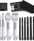 All In One Pro Grade Leather Stitching Hole Punch Tool Set With 4mm, 1, 2, 4, And 6 Prong Punches, durable case, cutting mat