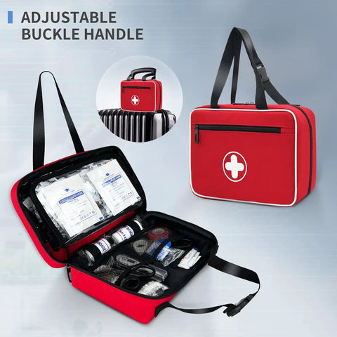 Portable First Aid Bag With Reflective Strips Empty Emergency Trauma Kit Multi Compartment Medical Organizer, open view with compartments exposed.