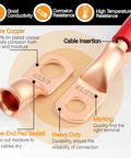 Close-up of Ultimate Battery Terminal Kit with copper ring lugs showcasing bolt holes for AWG 8 to 4/0 gauge cables.
