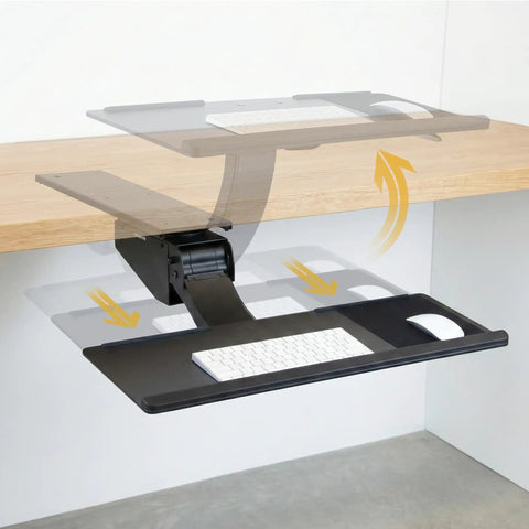Adjustable Under Desk Keyboard And Mouse Tray Smooth Glide Platform Featuring Legit Ergonomic Wrist Rest, height tilt swivel controls in action.