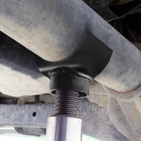 3 Inch Lifting Axle Saddle Adapter for Bottle Jack and Floor Jack attached and stabilizing vehicle axle, black finish