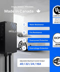 Plug And Play Smart Level 2 EV Charger 40 Amp WiFi Wall Mount with steel case showing water and fire resistance features.