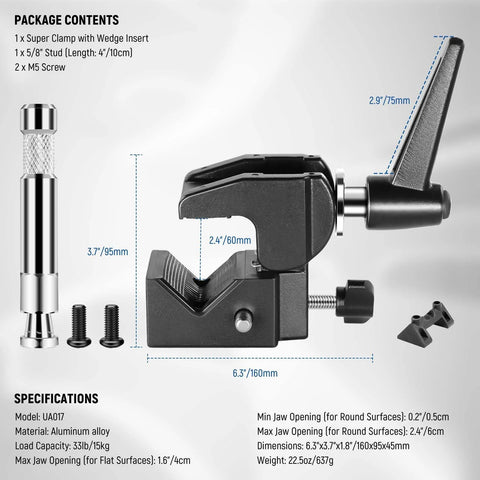 Front view of NEEWER UA017 super clamp with 5/8-inch stud and jaw for camera and lighting mounting