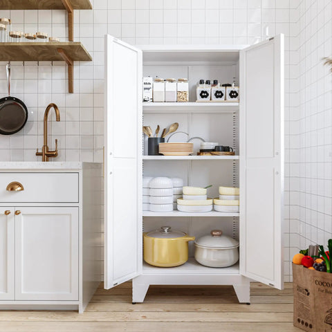 Huge 61 Inch Farmhouse Pantry Cabinet With Two Barn Doors, White Finish, showing interior shelves and organized kitchen items.
