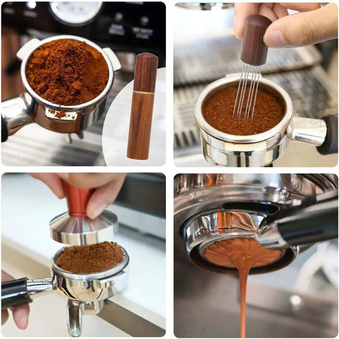 Espresso Distribution Tool With Six Needles And Walnut Wood Handle, Portable Coffee Stirrer For Even Extraction, Pro Grade Performance For Home Or Studio Barista Set, Includes Stand And Natural Wood Grip
