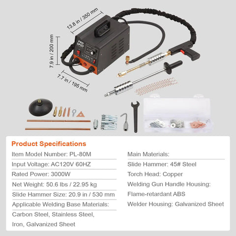 Dent Repair Kit With 3KW Spot Welder And 6 Welding Modes Auto Body Dent Puller Machine Plus 16 Welding Accessories shown with specifications.