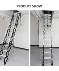 Electric Pull Down Attic Ladder Built Tough With Premium Carbon Steel Smooth Scissor Action in activated position.