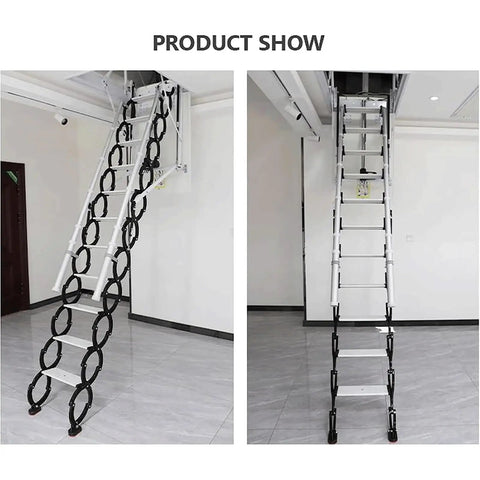 Electric Pull Down Attic Ladder Built Tough With Premium Carbon Steel Smooth Scissor Action in activated position.