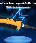 Boss Grade Cordless Electric Scissors For Cardboard Boxes, Rechargeable Rotary Cutter Slides Through Carpet And Plastic, No Sweat 4V Power Tool With Fast Charge Cable And Carry Pouch showing a 2000mAh battery connection.