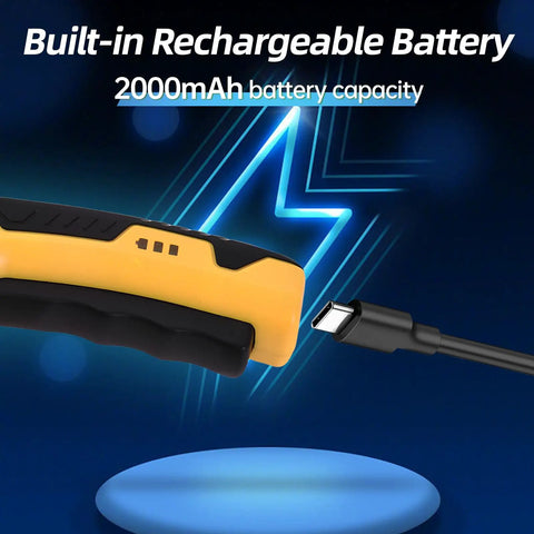 Boss Grade Cordless Electric Scissors For Cardboard Boxes, Rechargeable Rotary Cutter Slides Through Carpet And Plastic, No Sweat 4V Power Tool With Fast Charge Cable And Carry Pouch showing a 2000mAh battery connection.