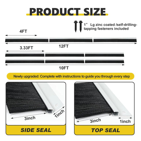 Built Tough Garage Door Brush Seal Kit Fits 12X10 Ft Doors with 4FT, 3.33FT, 12FT strips and fasteners for weatherproofing.
