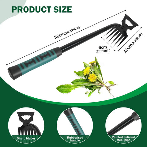 Weed Remover Tool for Gardening, Portable Weeder with 6 Teeth, Stainless Steel Hand Tool dimensions and features image