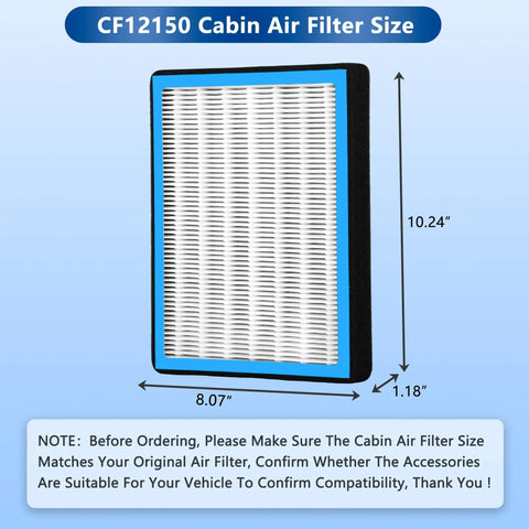 CF12150 Activated Carbon Cabin Air Filter dimensions with length 10.24 inches, width 8.07 inches, depth 1.18 inches