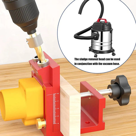 Top Shelf Aluminum Drilling Guide Jig For Cabinet Assembly And Woodworking With Zero Hassle Depth Controls with vacuum attachment.