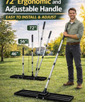 Heavy Duty Lawn Leveling Rake With 72 Inch Stainless Steel Handle for golf courses, lawns, gardens, and pastures shown with adjustments.