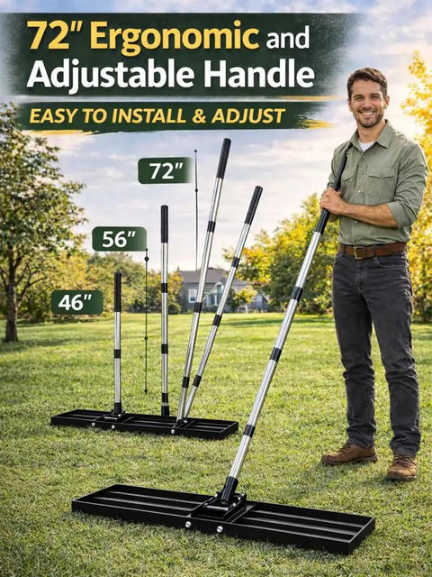 Heavy Duty Lawn Leveling Rake With 72 Inch Stainless Steel Handle for golf courses, lawns, gardens, and pastures shown with adjustments.
