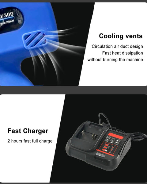 Cordless Electric Cable Cutter With Ratchet Action's cooling vents and fast charger for 80kN hydraulic power