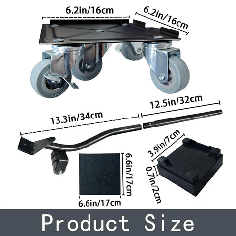 Heavy Duty Furniture Dolly Moving Tool With 5 Silent Rubber Wheels And Steel Pry Bar for easy sliding cart, dimensions shown.