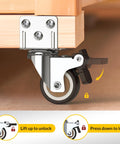 No Fuss Side Mount Casters 2 Inch L Shaped Rubber Furniture Wheels Set Of 8 With Wheel Brakes attached to a wood leg.