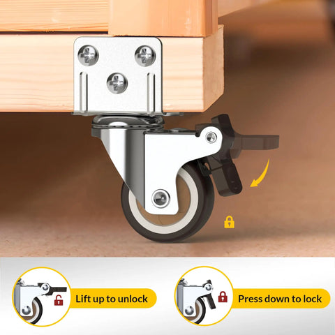 No Fuss Side Mount Casters 2 Inch L Shaped Rubber Furniture Wheels Set Of 8 With Wheel Brakes attached to a wood leg.