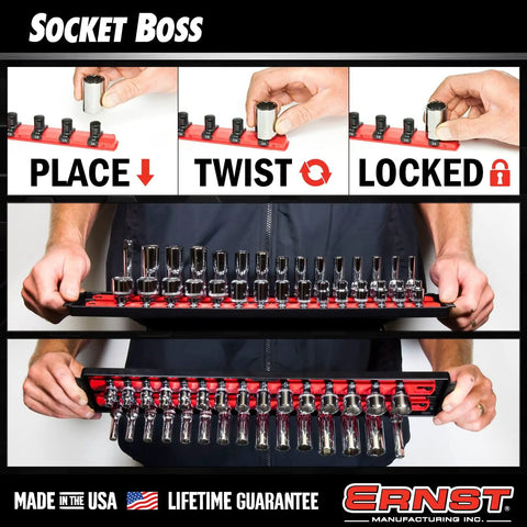 Socket Boss Multi Drive Organizer Tray With 13 Inch Rails Blue For Automotive Techs Pro Grade Socket Storage in use close-up.