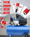 Three Way Air Hose Splitter With Red Manifold And Quarter Inch NPT Connections Pro Grade Industrial Swivel Plugs Nickel Plated Steel Couplers