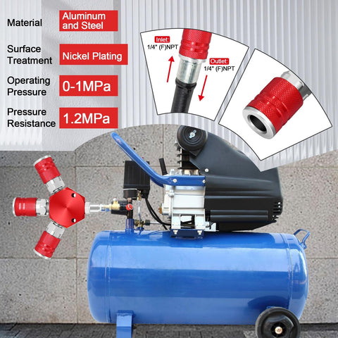 Three Way Air Hose Splitter With Red Manifold And Quarter Inch NPT Connections Pro Grade Industrial Swivel Plugs Nickel Plated Steel Couplers
