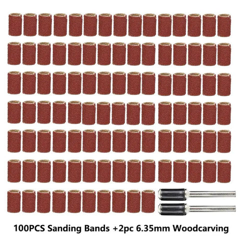 100-piece set of Premium Corundum Sanding Drum Bands compatible with rotary drills for metal polishing and deburring.