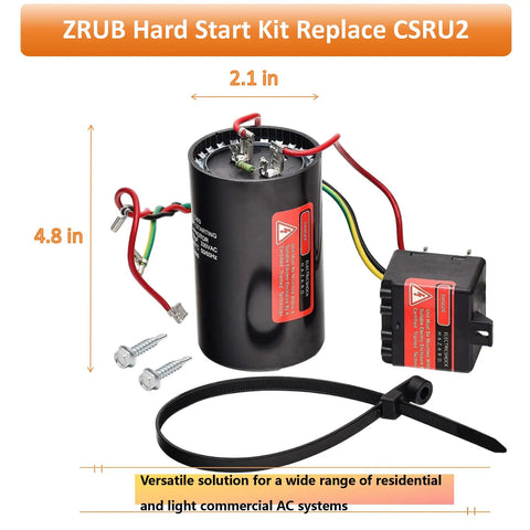 Hard Start Capacitor Kit For 3.5 To 5 Ton AC Units Replaces CSR U2 with cable tie and screws visible