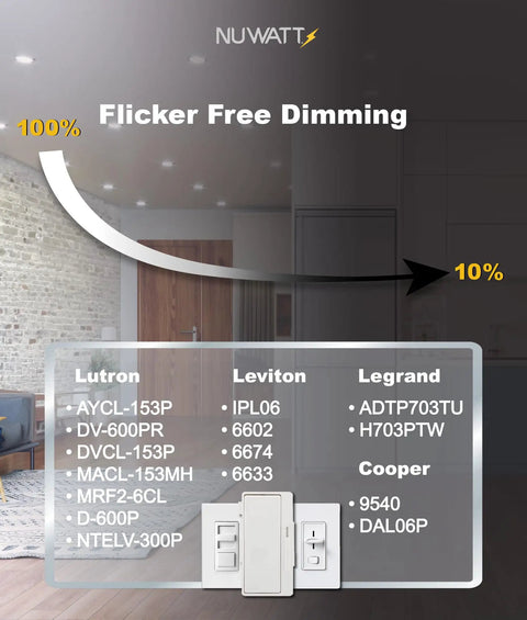 Flicker-free dimming feature for 6 Pack 4 Inch Ultra Thin Black LED Recessed Lights With 5 Color Temperatures, Lutron, Leviton switches