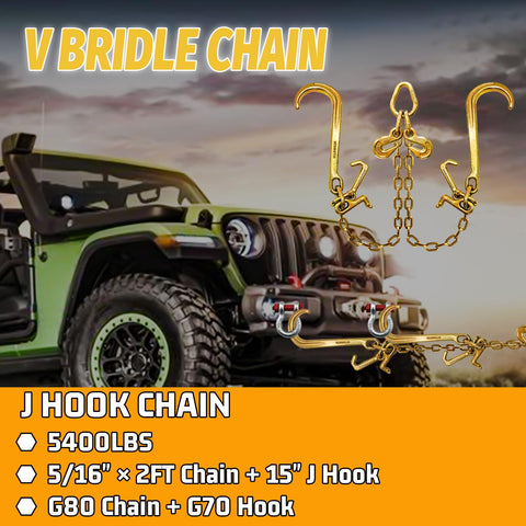 G80 V Bridle Chain Five Sixteenths Inch By Three Feet Heavy Duty Transport Chain With Fifteen Inch J Hooks And Grab Hooks