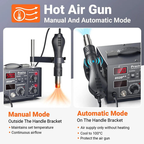 Two In One Hot Air Rework Soldering Station Kit with manual and automatic modes, showing hot air gun operation settings.