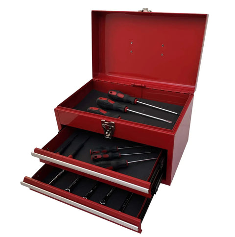 Portable 14 Inch 2 Drawer Metal Tool Chest With Ball Bearing Drawer Slides Steel Tool Storage Box Organizer Red Finish Lockable Latch Padlock Compatible Non Slip Drawer Liners Tough As Nails