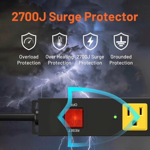 Heavy Duty 6 Outlet Metal Power Strip With 2700J Surge Protector And 15A Circuit Breaker, 6ft Extension Cord, Wall Mount For Garage Workshop And Industrial Use, Wide Spaced Outlets For Big Plugs showing 2700J surge protection