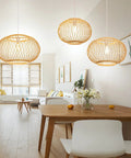 Round Bamboo Weave Pendant Light For Kitchen Island And Living Room, Coastal Boho Wicker Chandelier over dining table