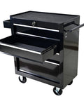 Heavy Duty Rolling Tool Chest With Four Top Shelf Drawers And Secure Locking Mechanism Rock Tough Steel Shop Organizer For Garage Crew Pro Grade Mechanics Storage Black with open drawer.