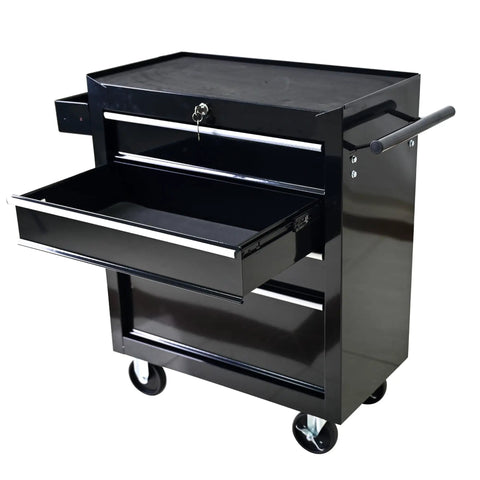 Heavy Duty Rolling Tool Chest With Four Top Shelf Drawers And Secure Locking Mechanism Rock Tough Steel Shop Organizer For Garage Crew Pro Grade Mechanics Storage Black with open drawer.