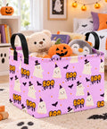 Lowkey Spooky Purple Ghost Storage Basket With Heavy Duty Cotton Linen Handles Dope Collapsible Organizer For Halloween Candy Toys Bedroom Closet Shelf Vibe Refresh filled with toys, books, and plushies.