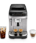Magnifica Evo Automatic Espresso And Coffee Machine With Built In Grinder And Auto Clean Function Manual Milk Frother Delivers Latte Cappuccino Americano And Iced Coffee With Five One Touch Drinks shown from front with iced and hot coffee servings.